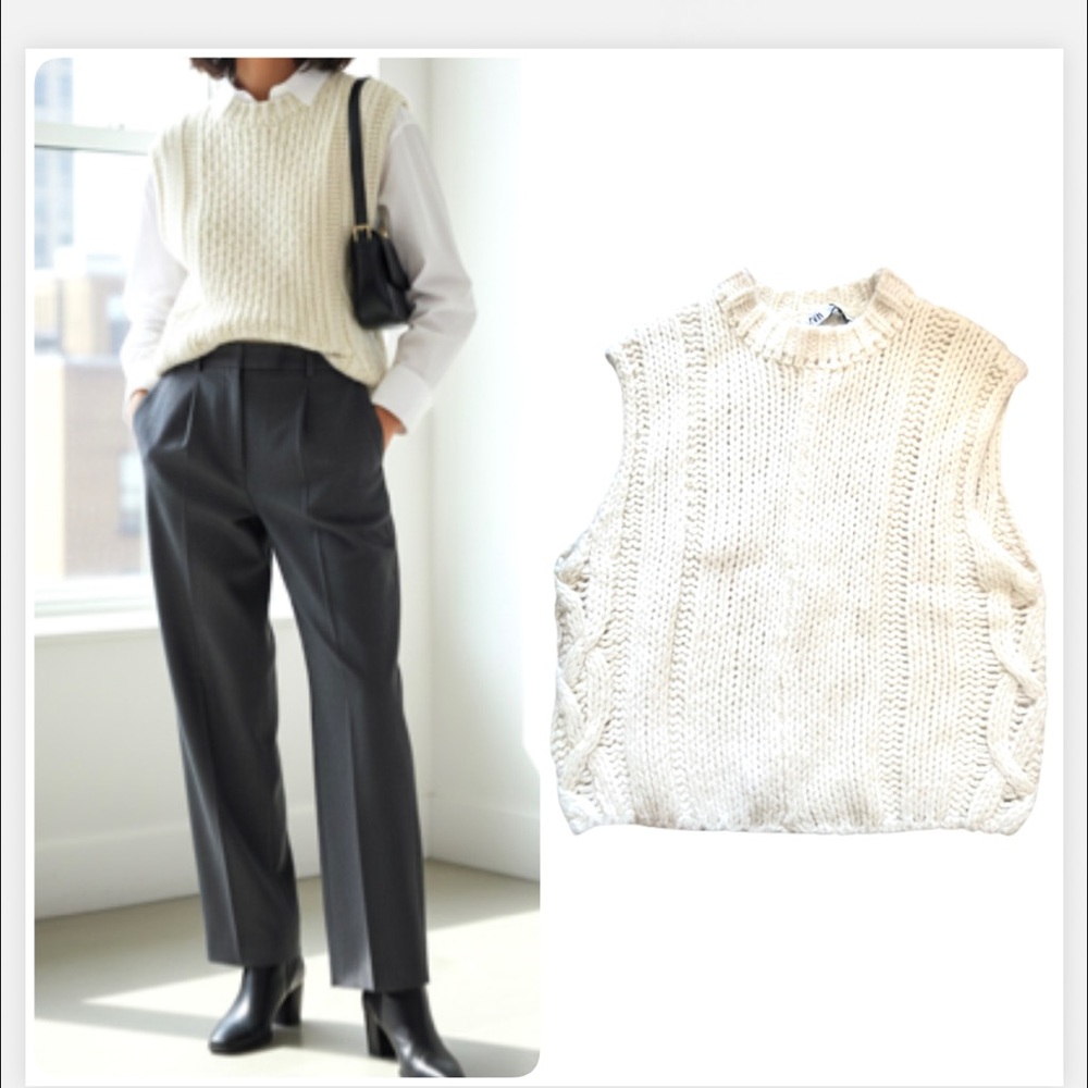 Zara Preppy Cable knit Cream Pullover Sweater Vest
